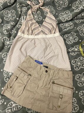 Vintage 2000s Y2K Triple Five Soul Beige Cargo Mini Skirt & Babydoll Top Lot